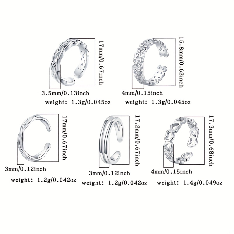 5-Piece Set Women's Toe Rings 925 Silver Heart Flower Line Style Beach Holiday